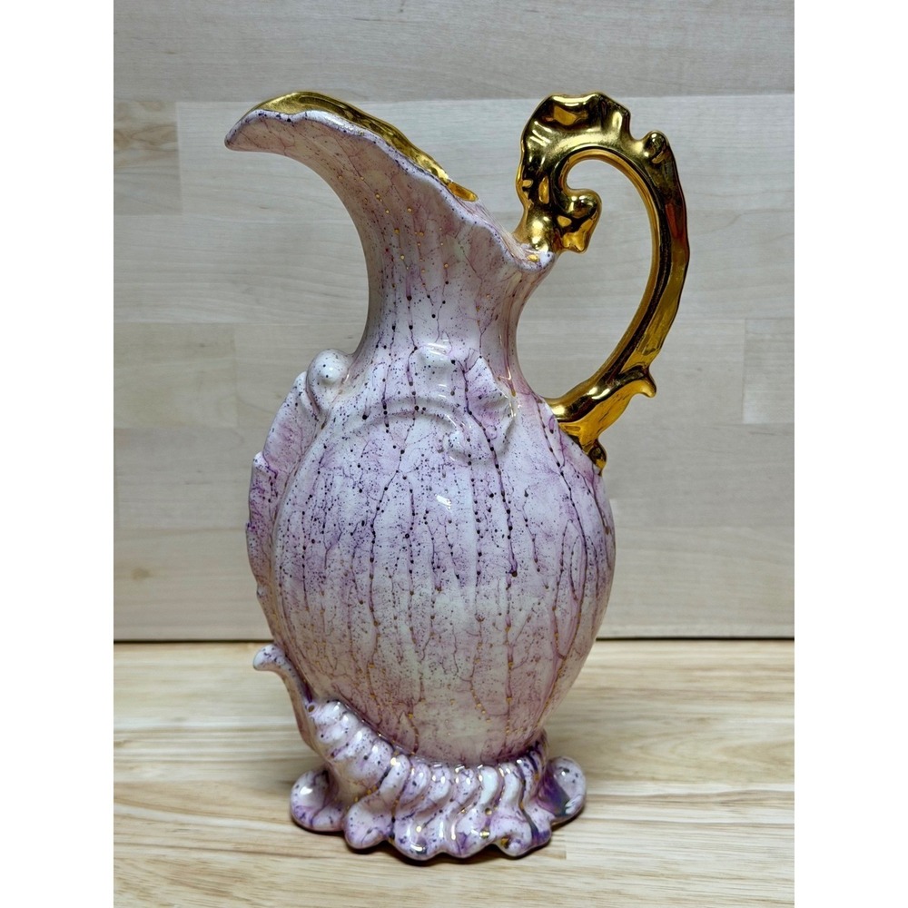 VTG Pink Gold Gilt Ceramic Ewer Pitcher Vase Hollywood Regency Drip Glaze signed